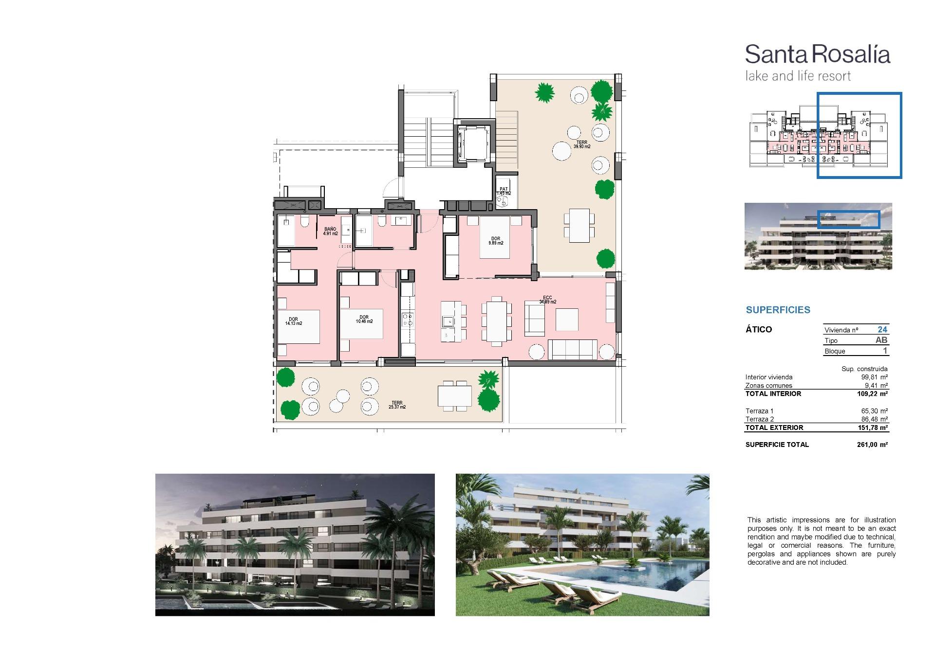 3 Bed, 2 Bath, ApartmentFor Sale, Santa Rosalia Lake And Life Resort, Murcia