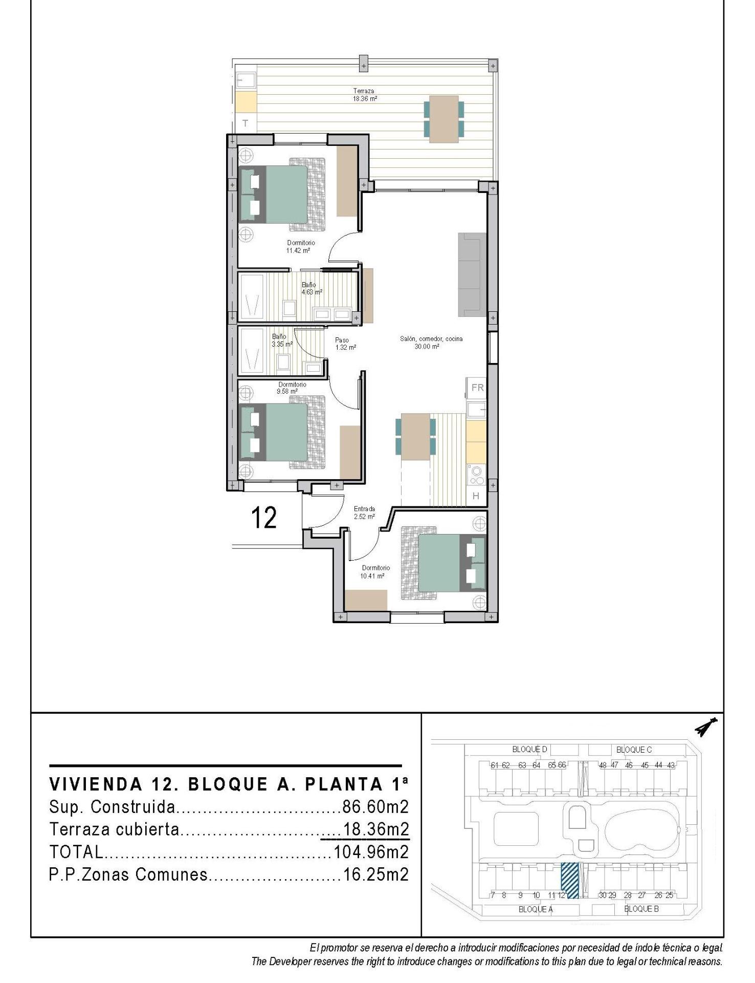 3 Bed, 2 Bath, ApartmentFor Sale, Torre Pacheco, Murcia